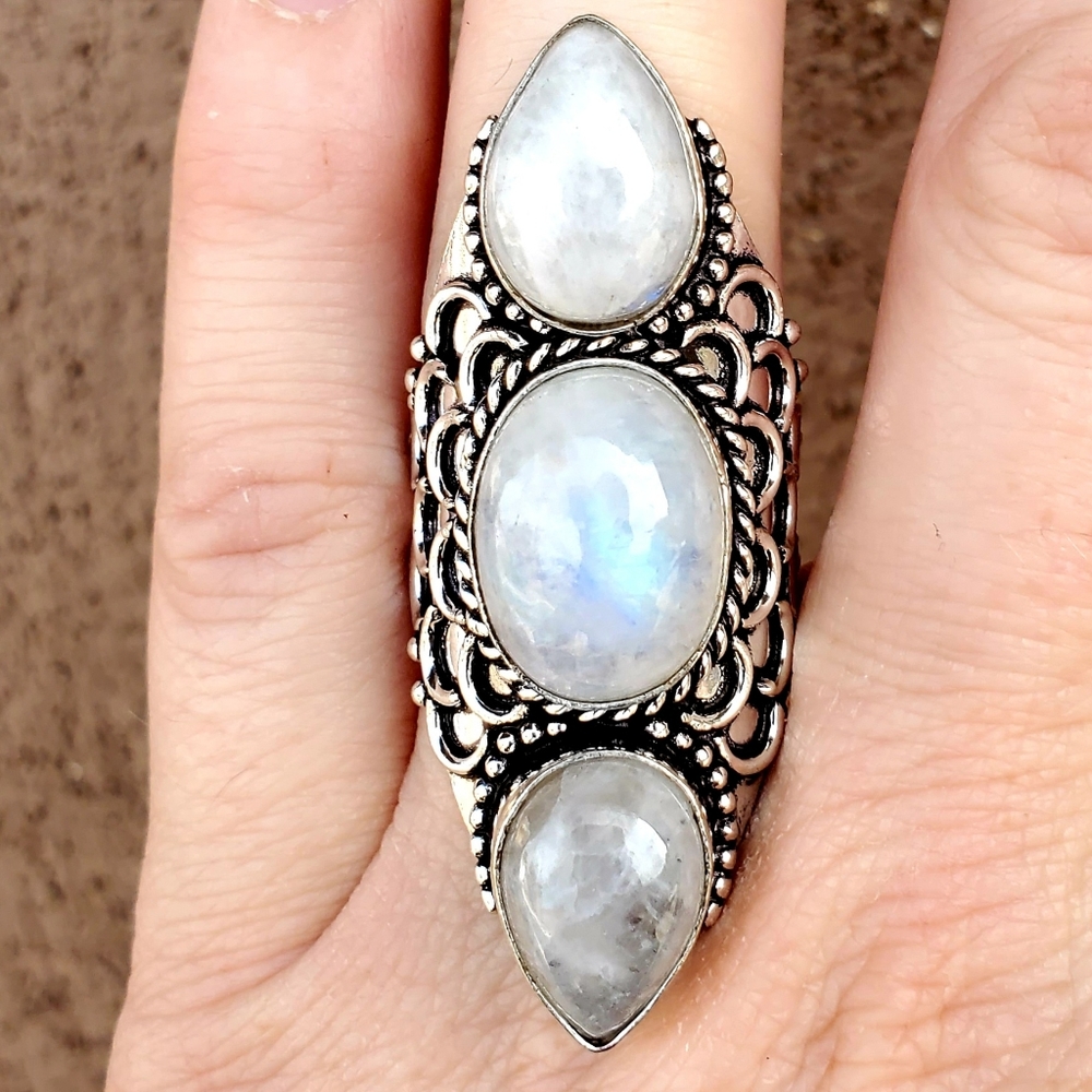 New Rainbow Moonstone 925 Silver Statement Ring.